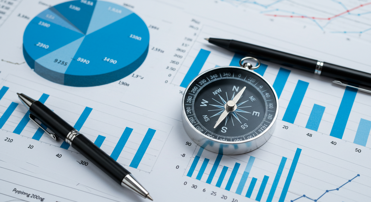 A compass sitting on top of financial business bookkeeping document